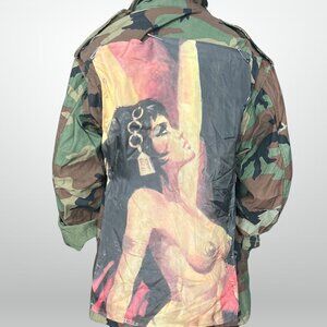 Camo jacket with silk scarf of a woman on the back
